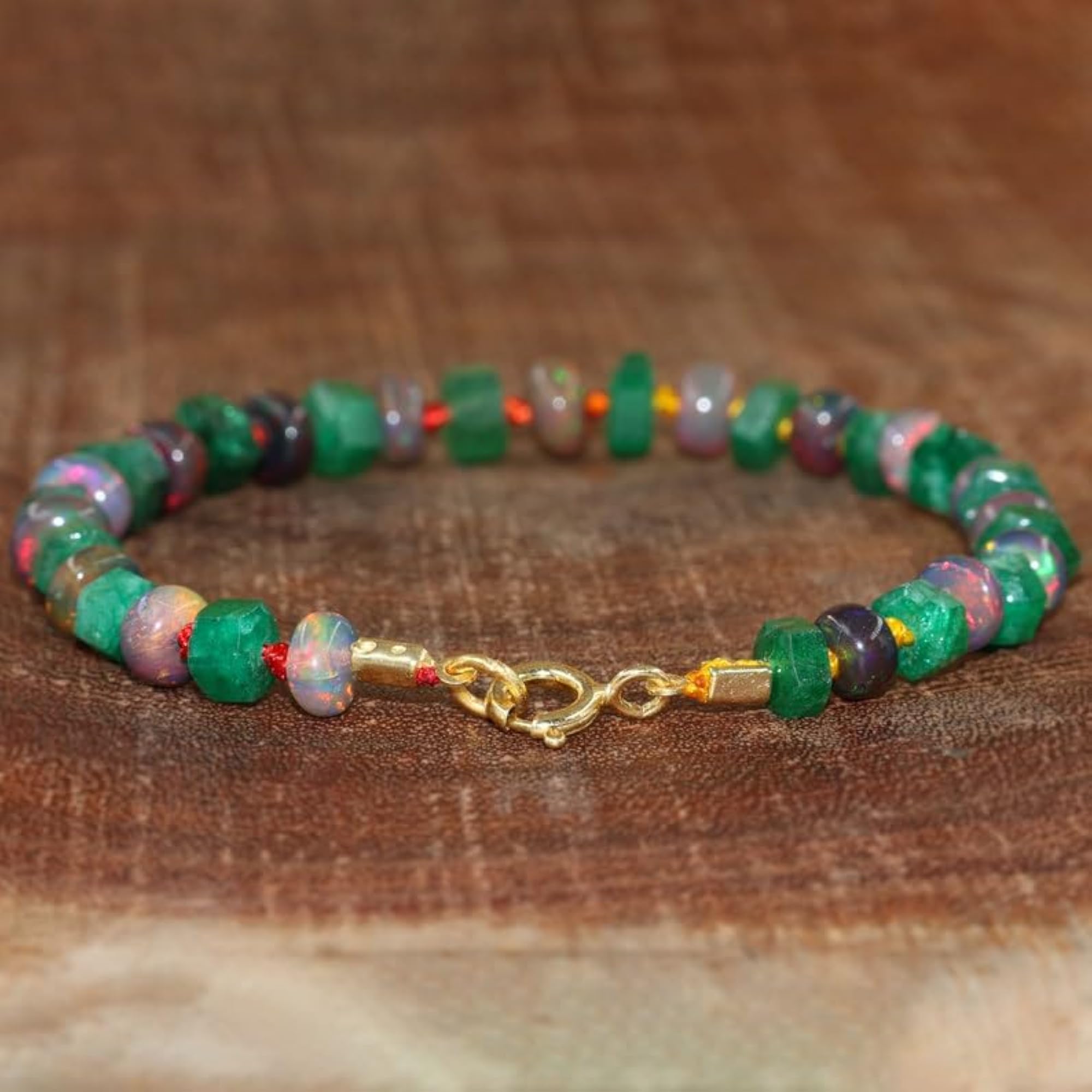 Ethiopian Opal Tyre Beaded Bracelet with Gold Lock